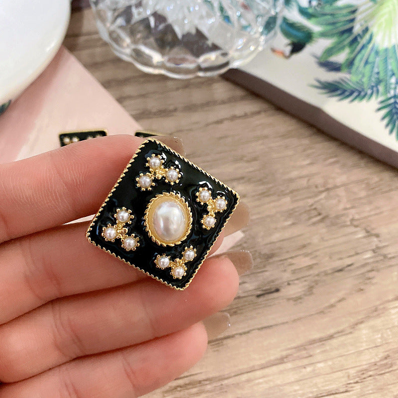 Women's Middle Ancient Drip Glazed Enamel Pearl Brooch French Sier Needle Stud Earrings