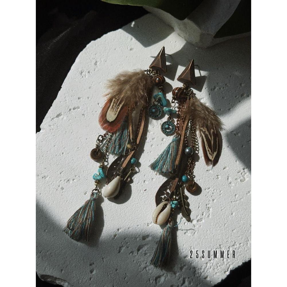 Women's Wandering Style Feather Tassel Retro Ethnic Rings