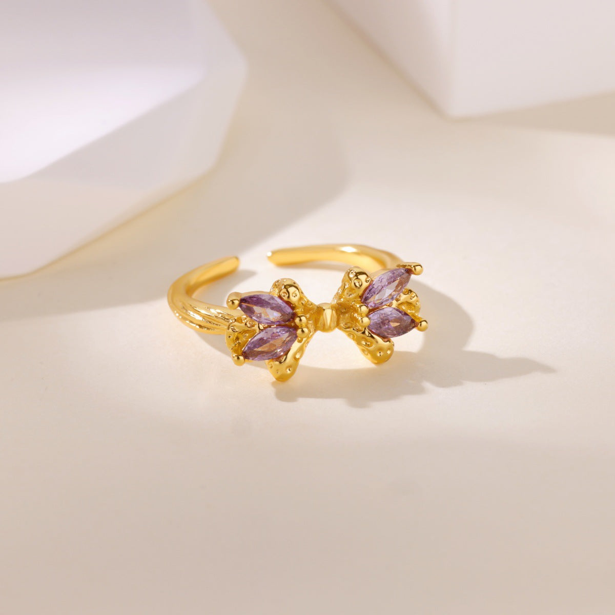 Sweet Loving Heart Purple Bow Zircon Gold-plated Ring