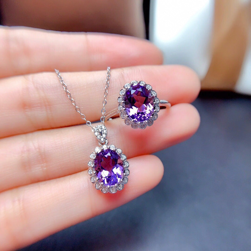 Women's Korean Elegant Oval Amethyst Colored Gems Open Jewelry Set