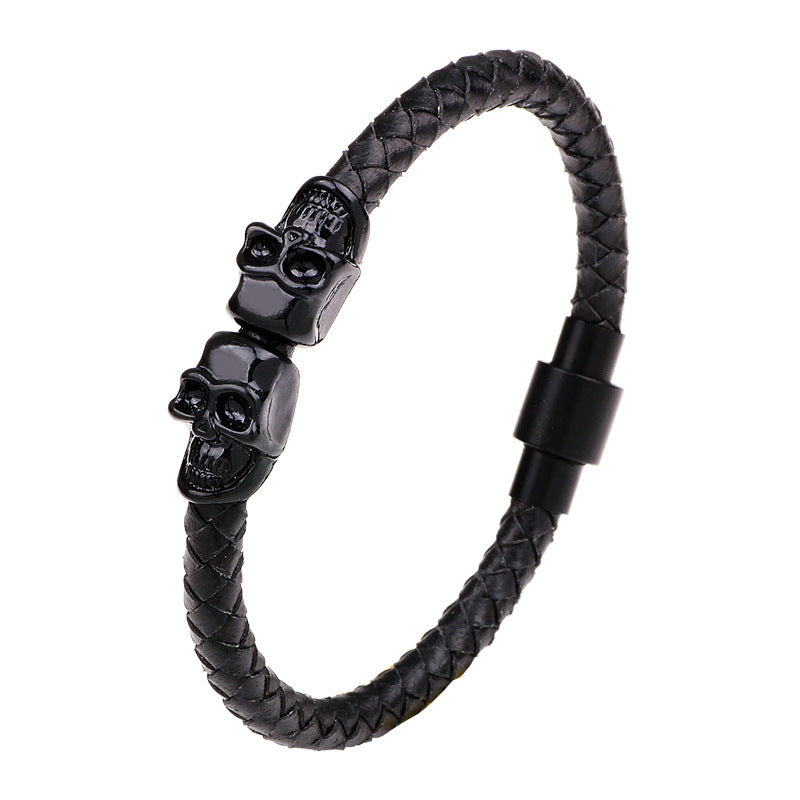 Men's Woven Leather Skull Alloy Trendy Bracelet