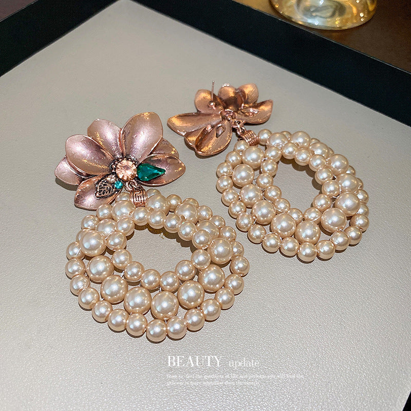 Women's Sier Needle Retro Diamonds Flower Pearl Earrings