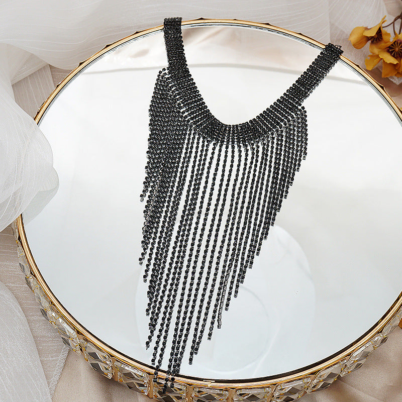 Women's Black Full Diamond Bundles Long Fringe Necklaces