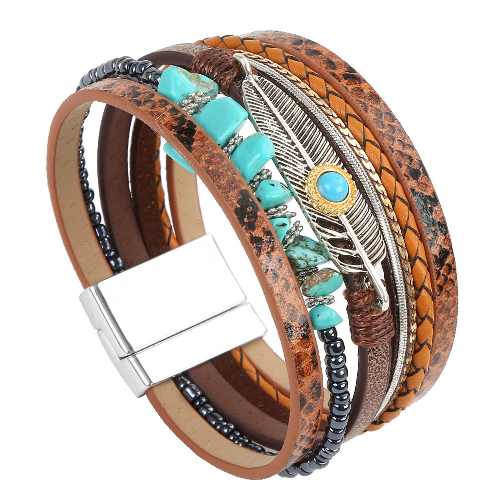 Gravel Feather Leather Creative Vintage Bohemian Turquoise Bracelets