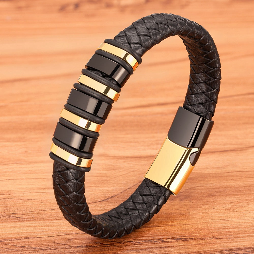 Men's Fashion Woven Rope Black Leather Simple Stainless Steel Bracelets