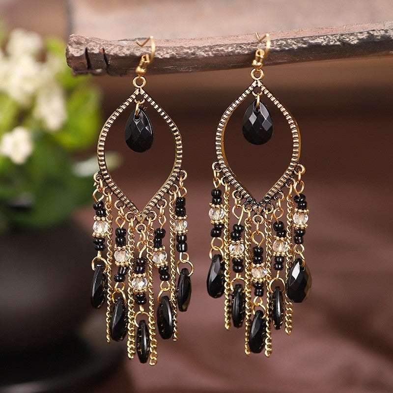 Ethnic Style Tassel Long Bohemian Crystal Yunnan Summer Earrings