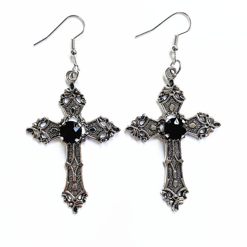 Boucles d'oreilles pendantes en strass avec croix imprimée de fleurs créatives