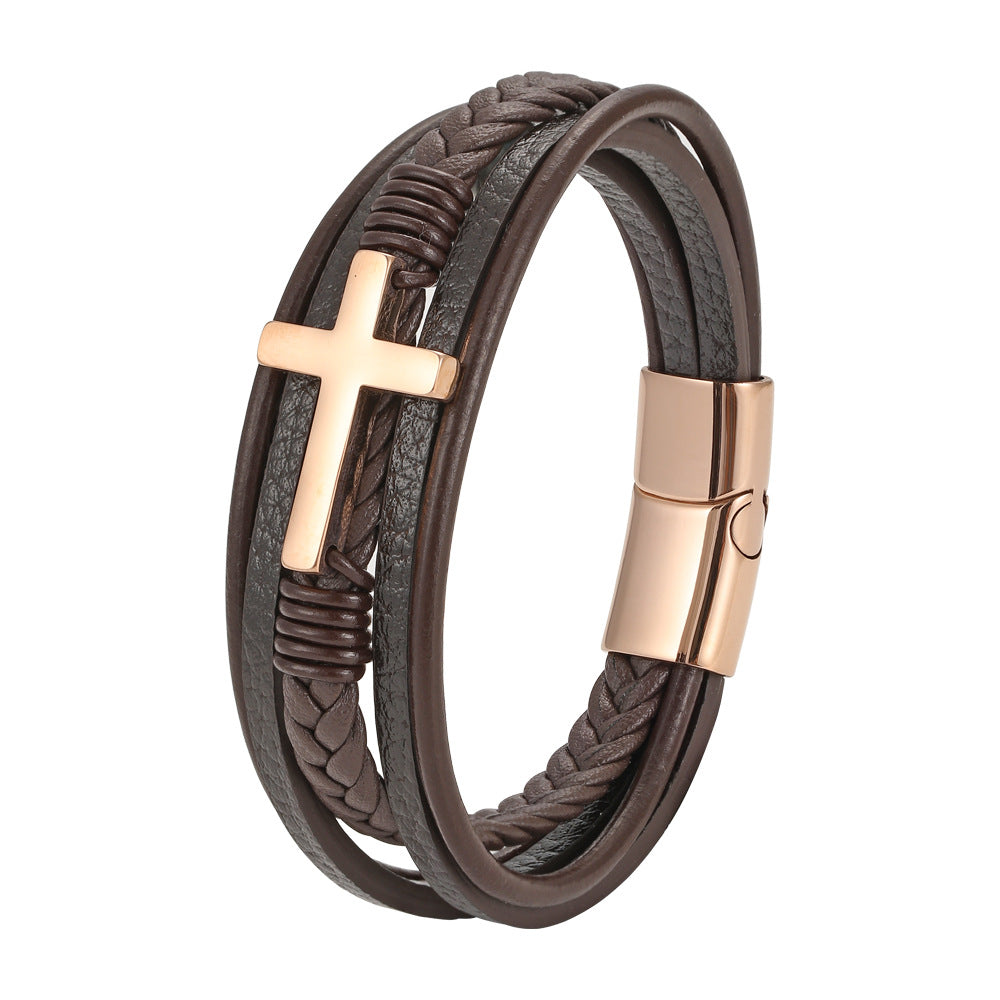 Men's Coffee Color Leather Cross Rope Woven Stainless Steel Genuine Bracelet