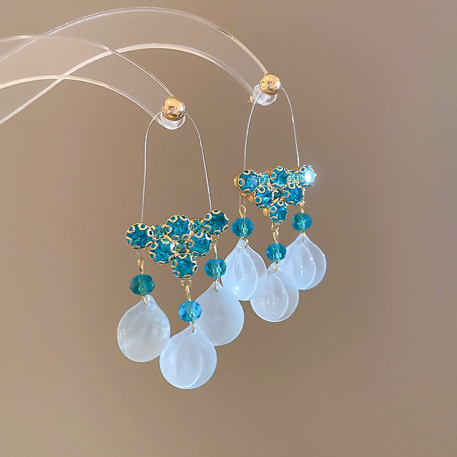 Sier Needle Water Drop Pearl Tassel Long Retro Rings