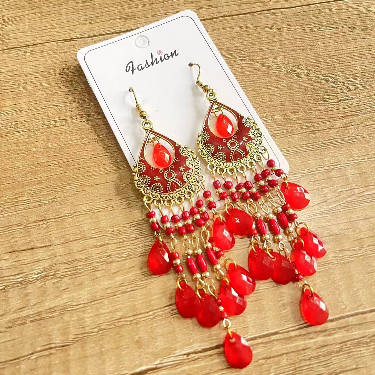 Ethnic Style Tassel Long Bohemian Crystal Yunnan Summer Earrings