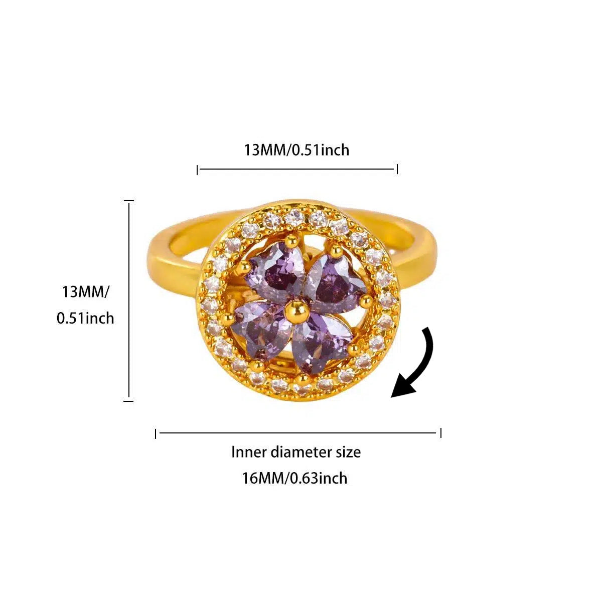 Sweet Loving Heart Purple Bow Zircon Gold-plated Ring
