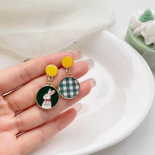 Asymmetric Design Bunny Simple Round Drop Oil Contrast Color Fun Earrings