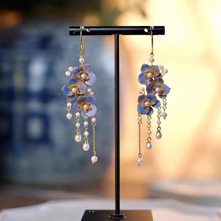 Flower Silk Imitation Burnt Blue Pearl Butterfly Earrings