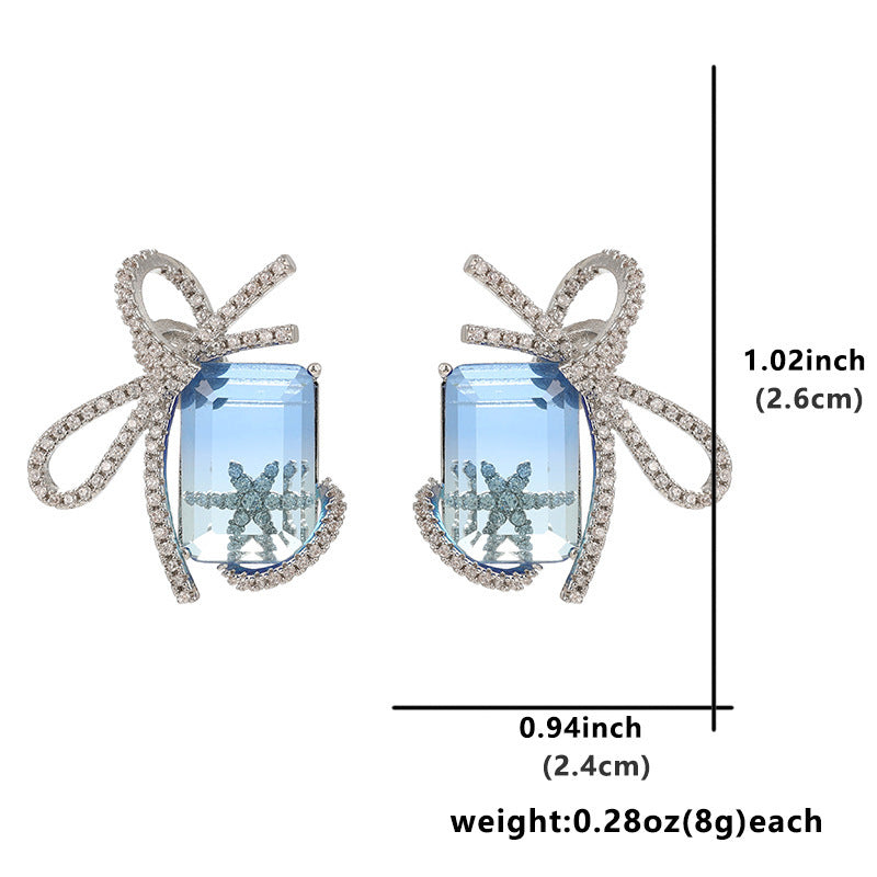 Lux Ocean Blue Crystal Elegant Bow Niche Earrings