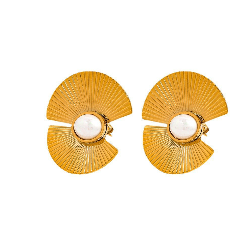 Pearl Fan-shaped Titanium Steel Female Radiation Earrings