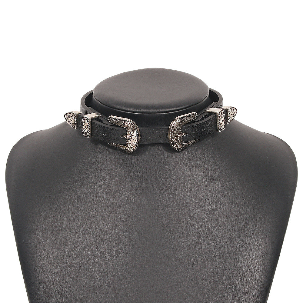 Street Shot Exaggerated Personality Leather Metal Necklaces