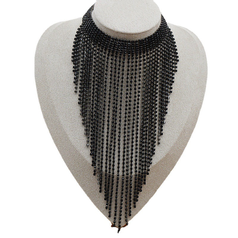 Women's Black Full Diamond Bundles Long Fringe Necklaces