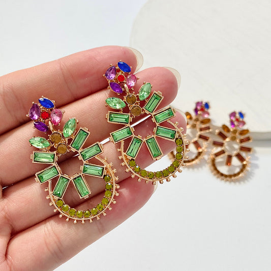 Elegant Alloy Inlaid Colorful Rhinestone Geometric Exaggerated Earrings