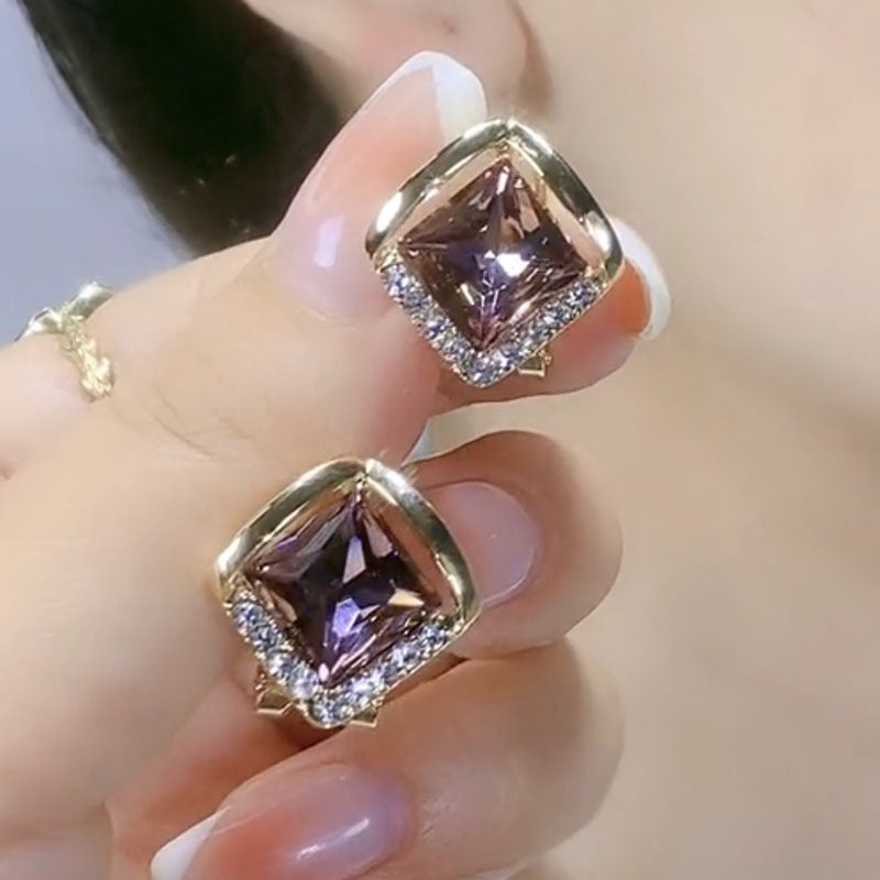 Ding Light Luxury Diamond Purple High Sense Temperament Wild Square Earrings