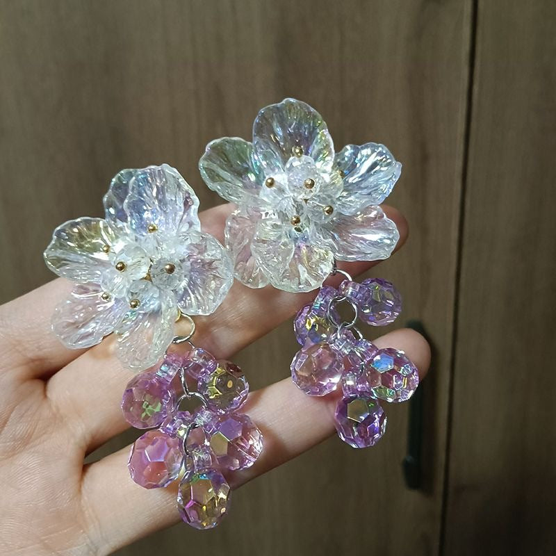 Sier Needle Crystal Flowers Beaded Tassel Fresh Sweet Beautiful Fashion Stud Earrings