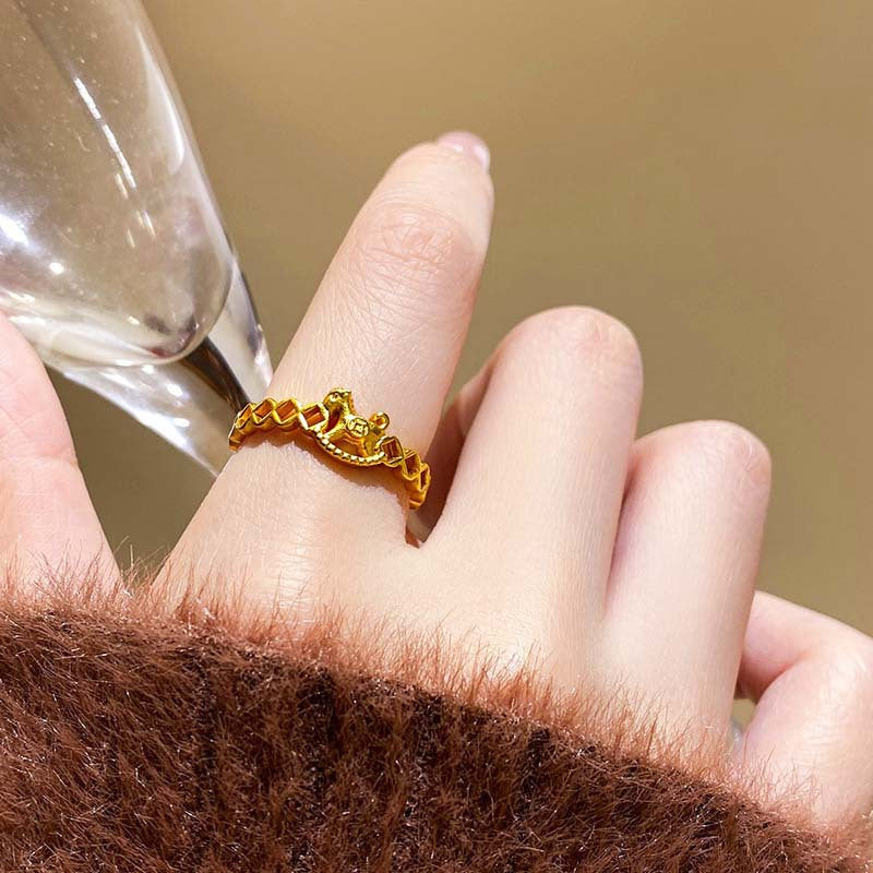 Chinese Style Immediately Rich Female Golden Hollow Coin Pony Light Ring
