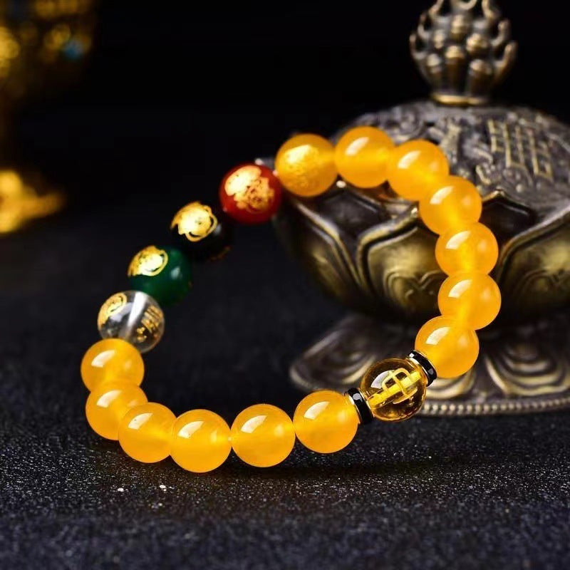 Bracelets en agate pour femmes et hommes, cinq dieux de la richesse, éléments en bois doré