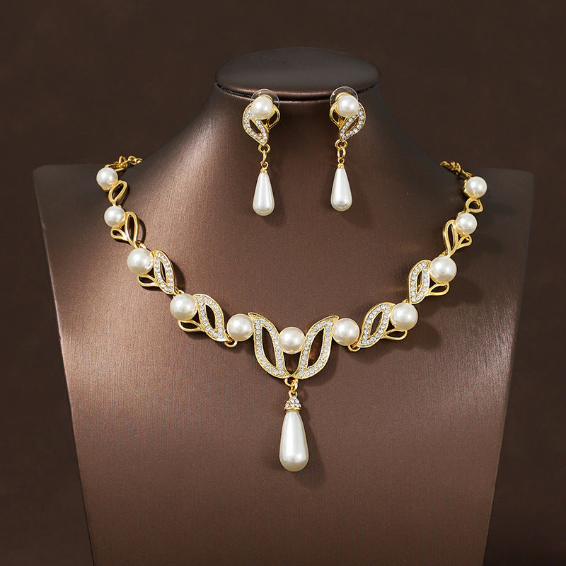 Women's Bridal Wedding Two-piece Dress Rhinestone Pearl Jewelry Set