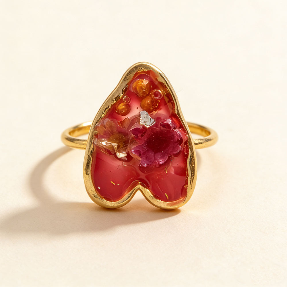 Dried Flowers Gypsophila Peach Heart Square Resin Stainless Steel Open Ring