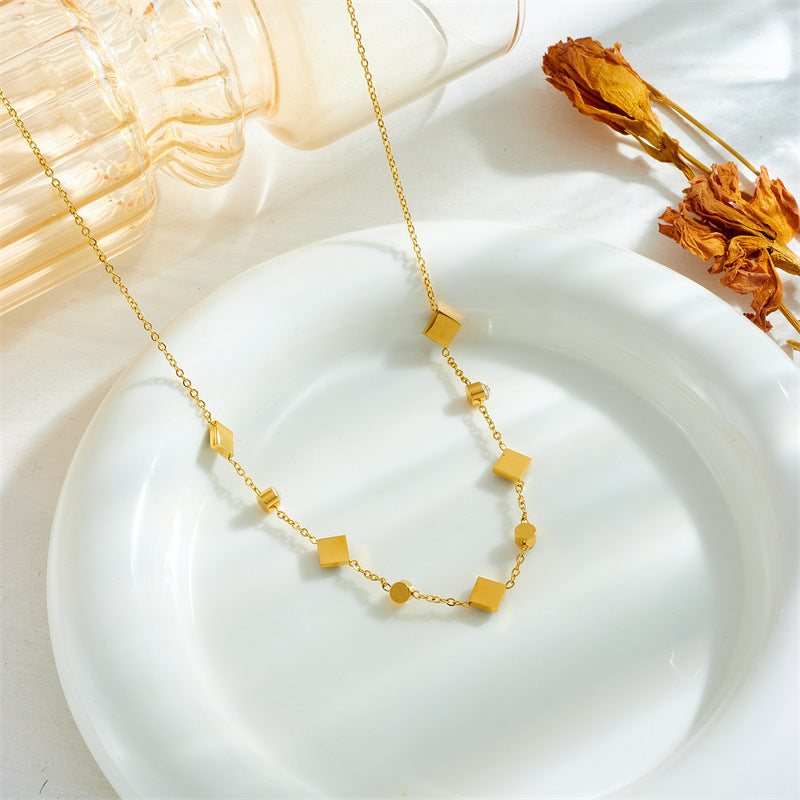 Steel Cube Emerald Zircon Personality Simple Niche Necklaces
