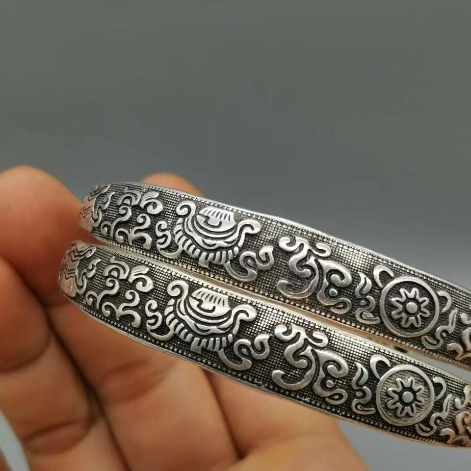 Tibetan Sier Miao Vintage Ethnic Style Fu Lu Shou Plated Bracelet