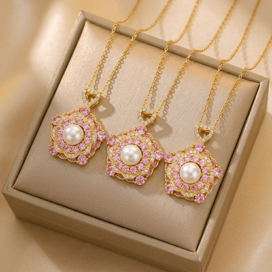 Female Pink Flower Zircon Niche Design Temperament Necklace