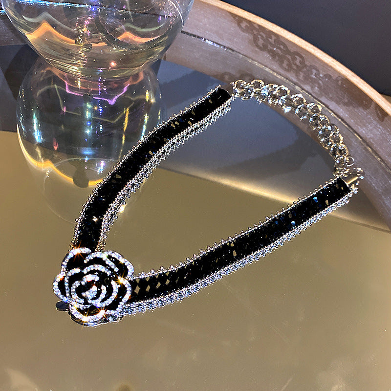 Women's Black Crystal Rose Flower Fashion Design Short Clavicle Necklaces