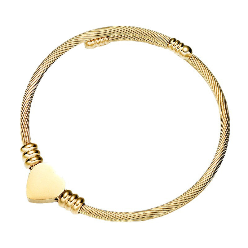 Stainless Steel Cable Wire Titanium Peach Heart Love Lettering Bracelet