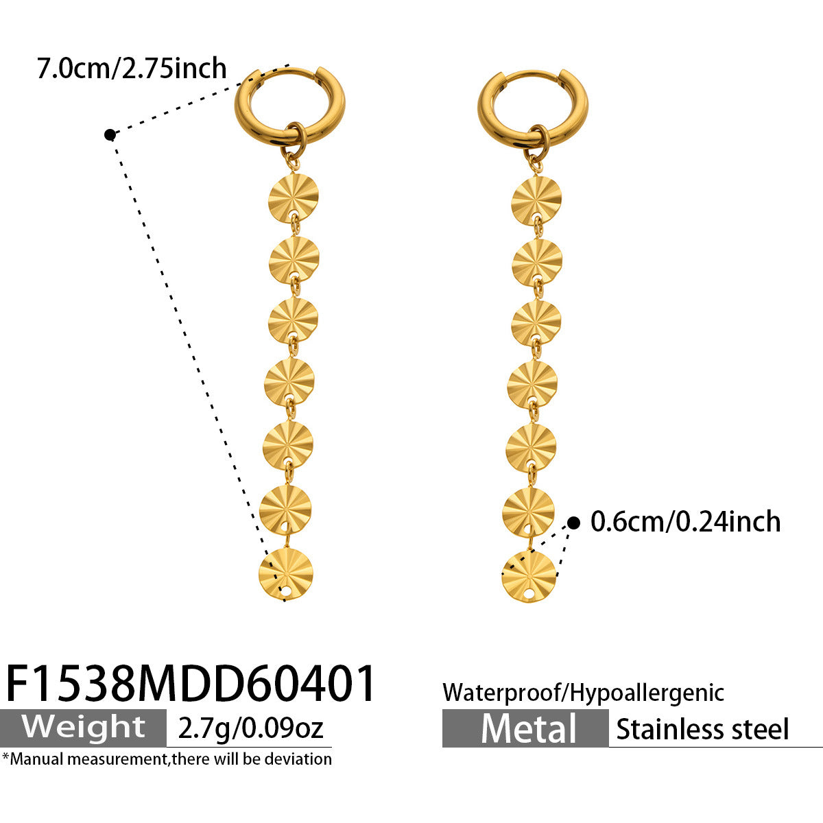 Stainless Steel Gold Wafer Tassel Ear Clip Earrings