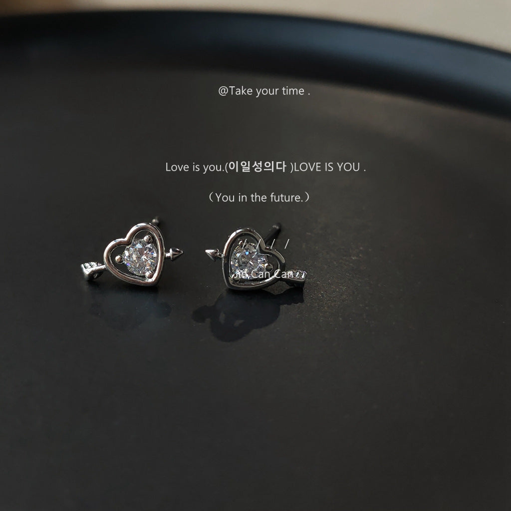 The Heart Sier Needle Inlaid Zircon Earrings