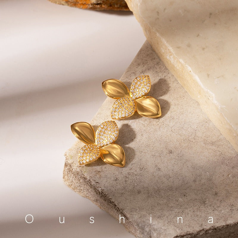 Zircon Flower Fashion Commuter Cold Temperament Entry Lux High Stud Earrings