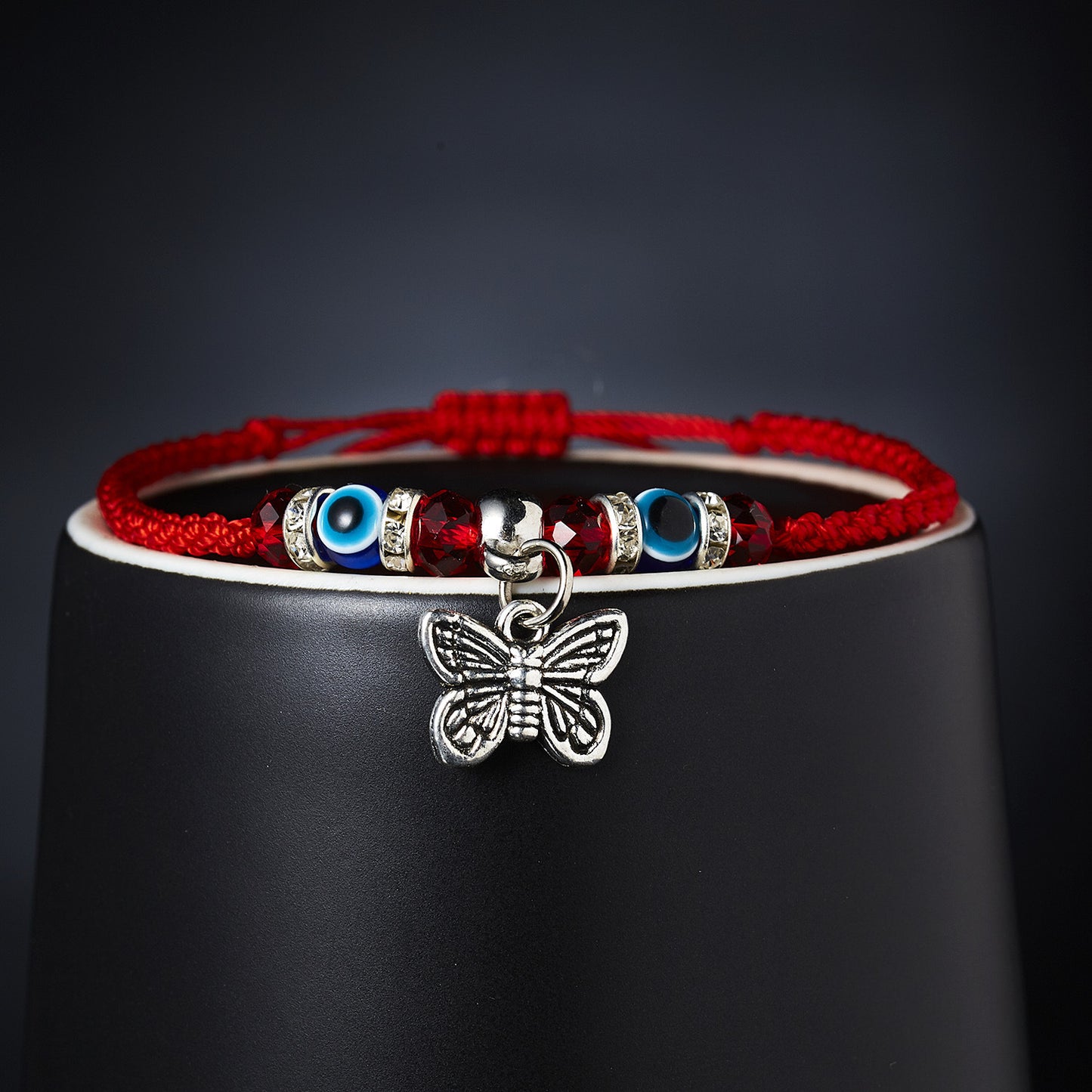 Eule, blaue Augen, böser Blick, rotes Seil, verstellbare Armbänder