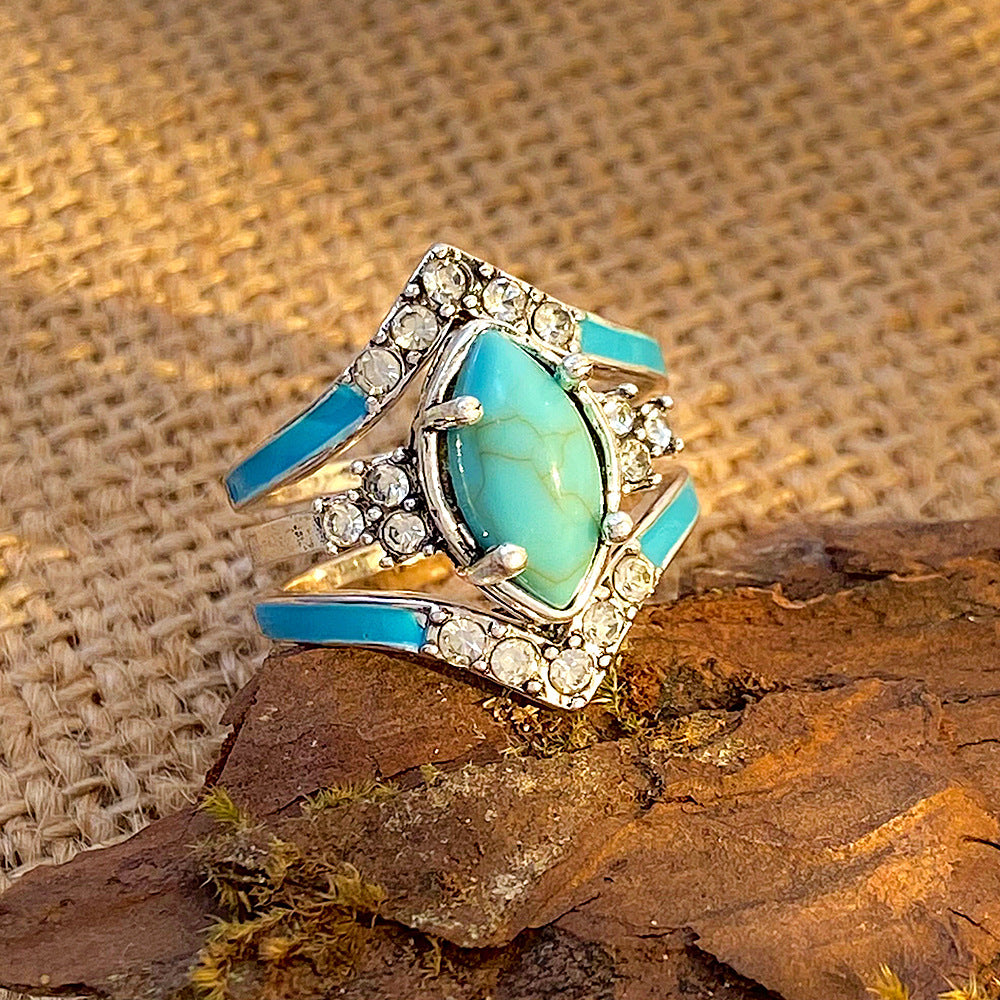 Bagues trois pièces en diamant Turquoise, ornement créatif rétro pour femmes