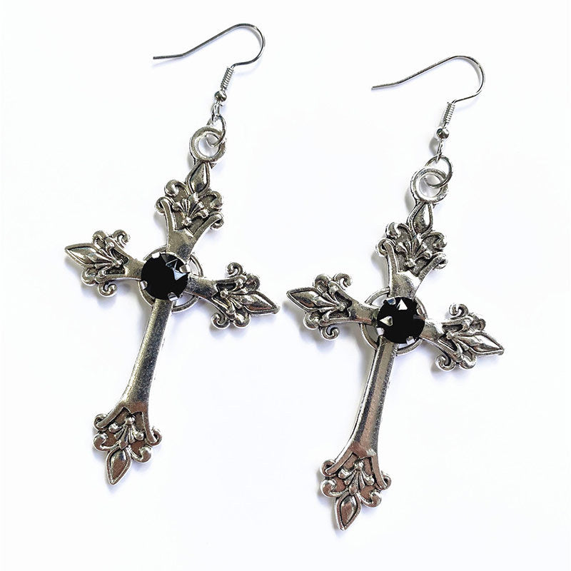 Boucles d'oreilles pendantes en strass avec croix imprimée de fleurs créatives