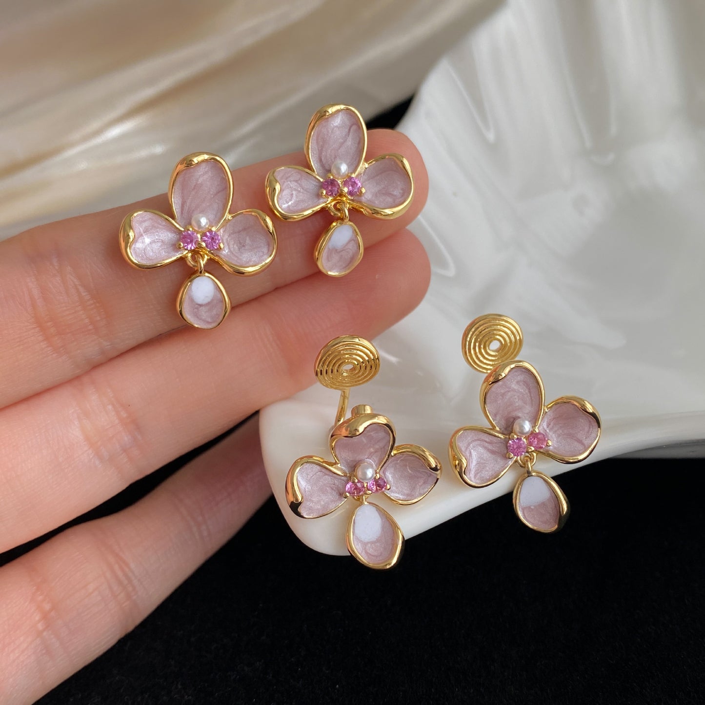 Enamel Drip Glazed Pink Flower Integrated Light Luxury Ear Clip