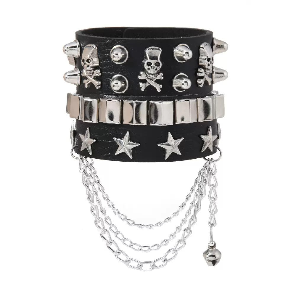 Punk Exaggerated Tapered Pointed Rivet Three Rows Leather Bracelets