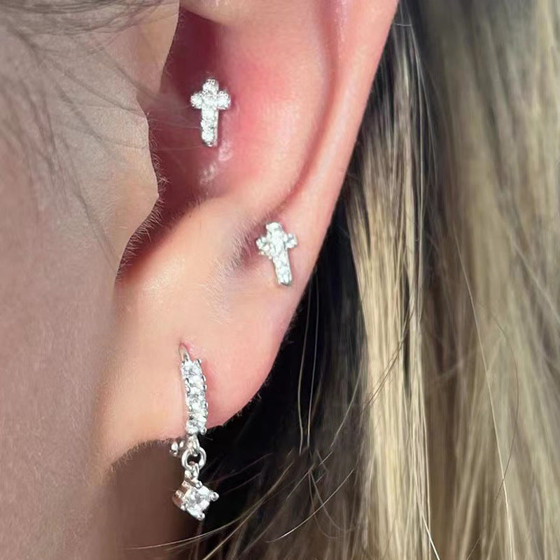 Fairy Niche Micro Inlaid Zircon Mini Cross Cochlear Bone Nail Rings