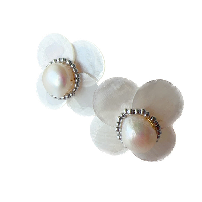 Camellia Freshwater Pearl Shell French Elegant Bobby Earrings