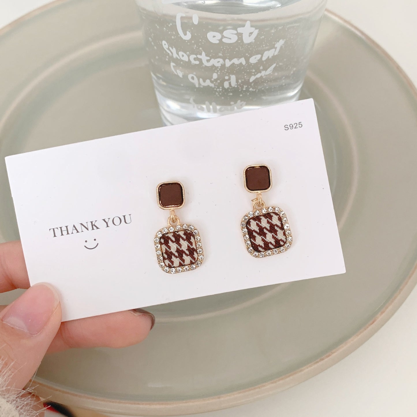 Needle Coffee Color Series Square Leather Earrings