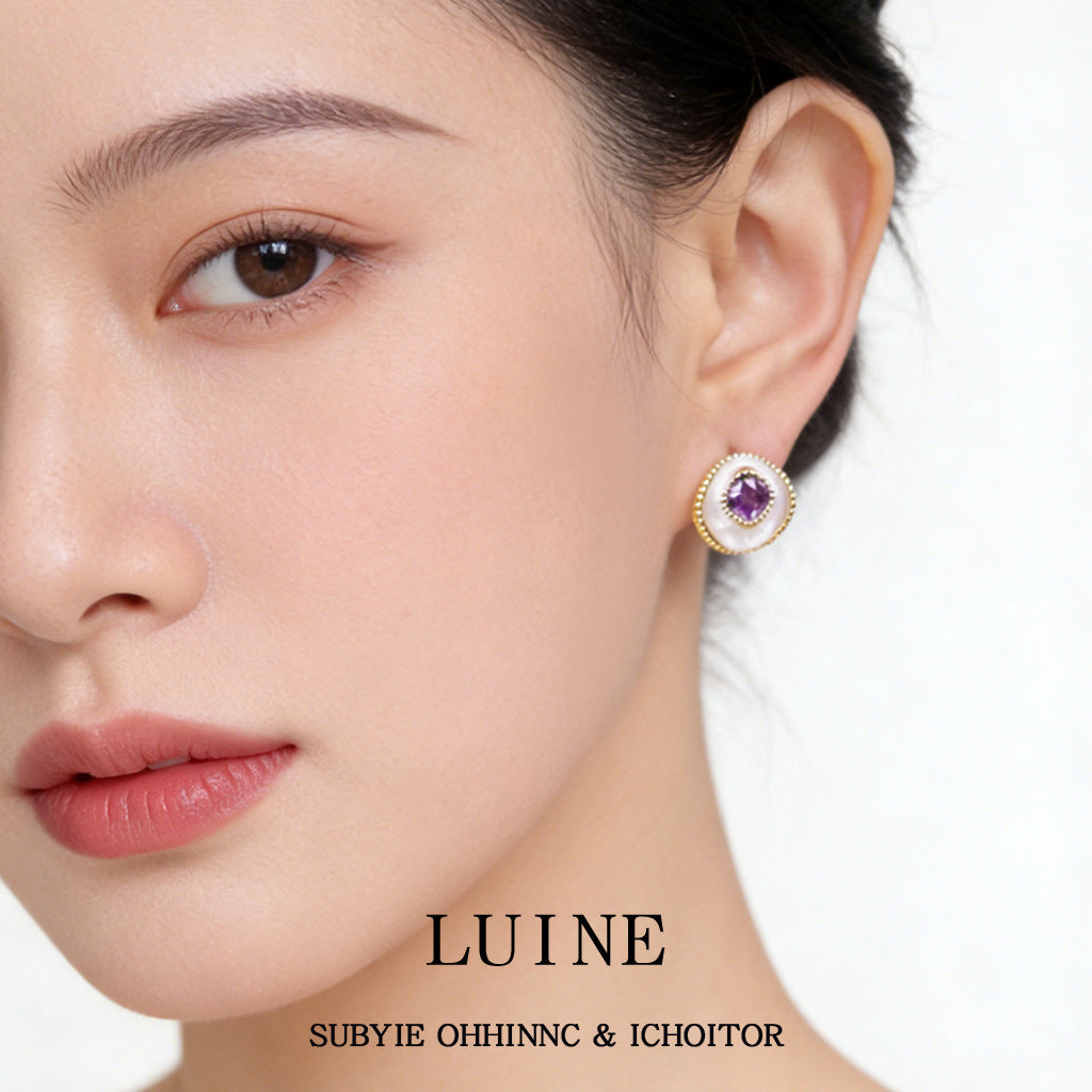 Women's Fashionable High-grade Inlaid Zircon Purple Elegant Geometric Curved Surface Round Stud Earrings