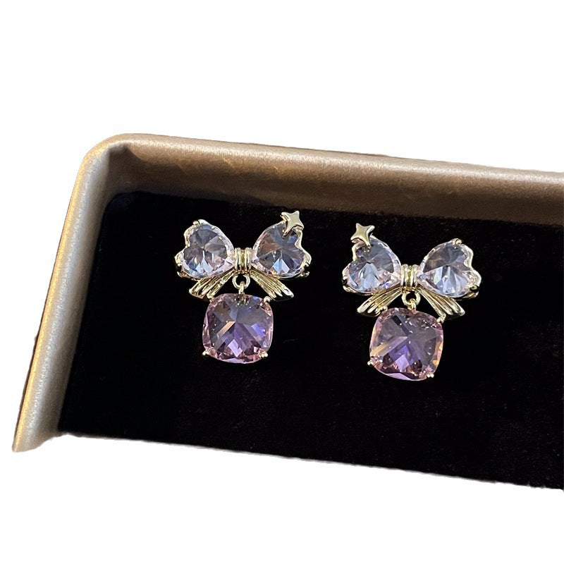 Luxury Bowknot Flower Square Pink Zircon Earrings