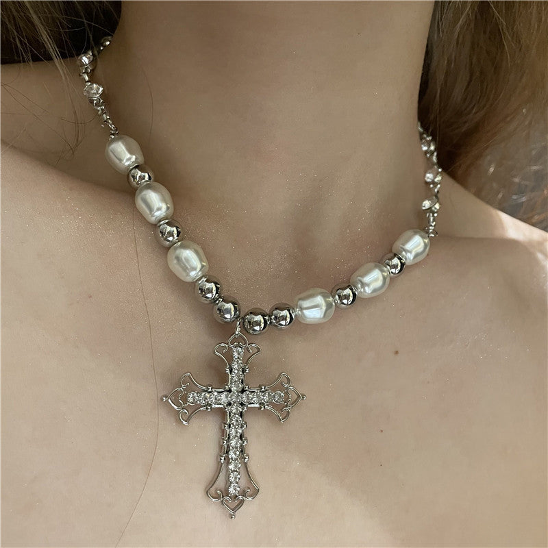 Retro Pearl Punk Simple Sweet Cool Dark Cross Necklace