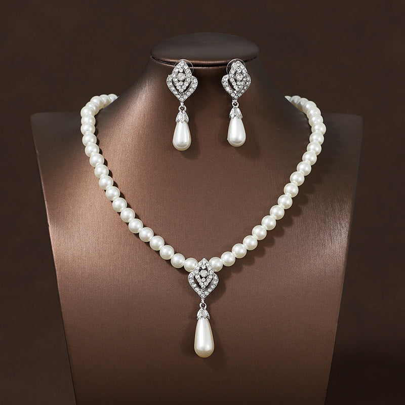 Women's Bridal Wedding Two-piece Dress Rhinestone Pearl Jewelry Set