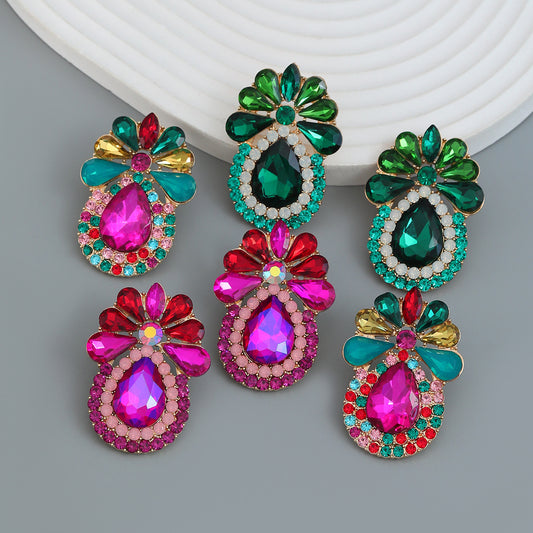 Colorful Crystals Exaggerated Female Alloy Diamond Earrings