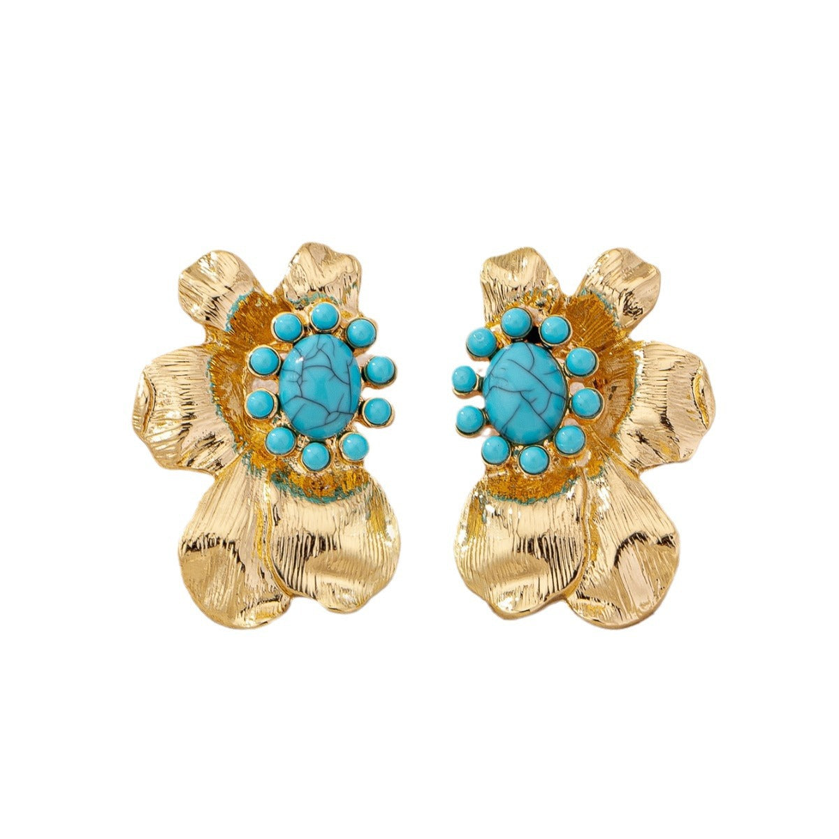 Fashion Alloy Geometric Irregular Petals Inlaid Turquoise Cold Style Design Earrings